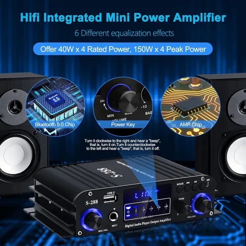 Miniatura 2 de Amplificador de audio estéreo para altavoces del hogar S-288 Bluetooth 5.0 HiFi Mini amplificadores de componentes de audio Receptor 4.0CH RMS 40Wx4