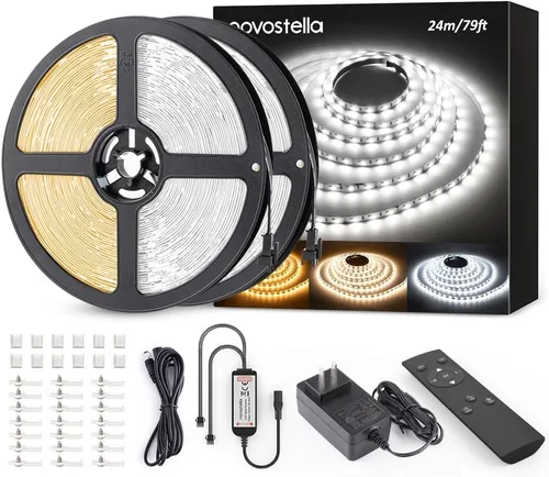 Miniatura 11 de NOVOSTELLA Kit de tira de luces LED blancas sintonizables de 20 pies, regulable, 3000K-6500K, 24V, cinta de luces LED con control remoto, cuerda