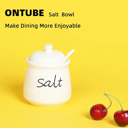 Miniatura 8 de ONTUBE Tazón de sal de cerámica con tapa y cuchara 12oz (beige)