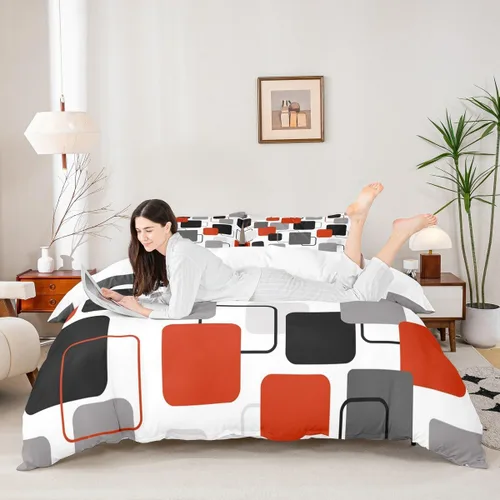 Miniatura 17 de Juego de ropa de cama de líneas negras, rojas y grises, tamaño individual para habitación de niños y niños, juego de funda de edredón con costuras