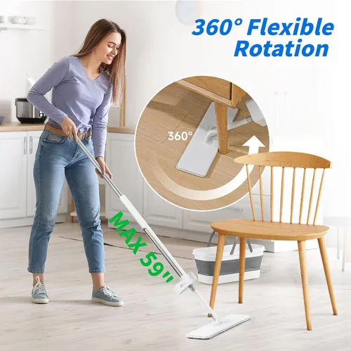 Miniatura 3 de Oshang Trapeador plano y cubo plegable OG7 con ruedas, 2 almohadillas de microfibra lavables reutilizables, color blanco puro