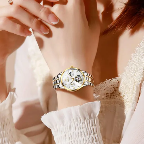 Miniatura 3 de OLEVS Relojes automáticos de diamante Tourbillon para mujer, de cuerda automática, de moda, de acero inoxidable, fase lunar, impermeable, luminoso
