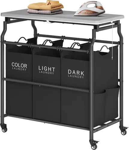 Hoctieon Carrito clasificador de ropa de 3 secciones con tabla de planchar, cesta de lavandería con estante y ruedas rodantes, organizador de cesta