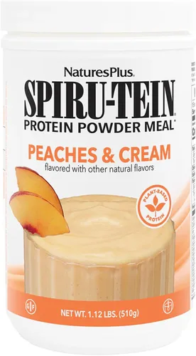 NaturesPlus SPIRU-TEIN, Melocotones y crema, 1.12 libras, proteína en polvo a base de plantas, vitaminas y minerales para la energía, vegetariana,
