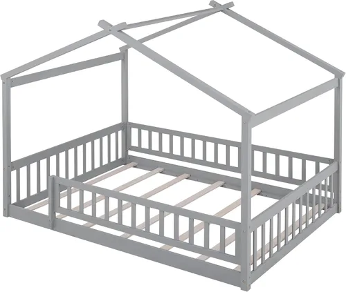 Miniatura 4 de Cama de suelo de casa de tamaño matrimonial con valla y techo para niños pequeños, marco de cama Montessori bajo de madera con listones de madera