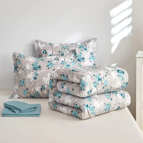 Miniatura 2 de Flysheep Juego de ropa de cama botánica gris en una bolsa, tamaño Queen, 7 piezas, diseño floral elegante con hojas grises aguamarina, para todas