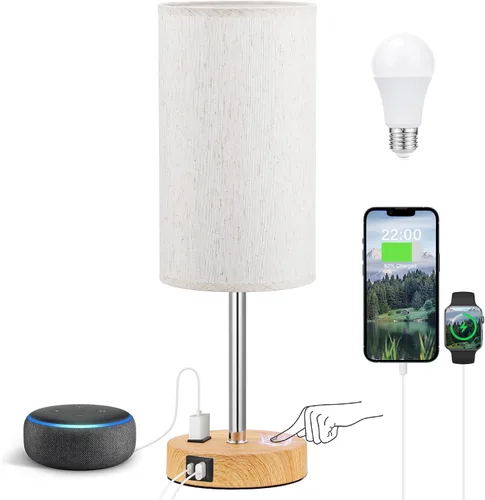 Miniatura 22 de Fenmzee Juego de lámparas de mesa pequeñas táctiles regulables de 2 a 3 vías, carga USB A + C, salida de CA, base de grano de madera, bombillas