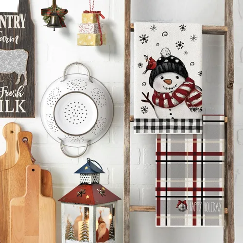 Miniatura 3 de Artoid Mode Toallas de Cocina y Paños de Cocina Navideños Negros y Rojos con Árbol de Navidad y Muñeco de Nieve, 18x26 Pulgadas, Toallas de Mano