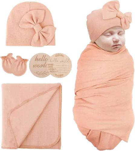 Miniatura 15 de AQOKKA Manta para Recién Nacido con Moño, Juego de Sombrero y Guantes, Tarjeta de Madera para Recién Nacidos, Niños, Niñas, Envoltorio para Envolver