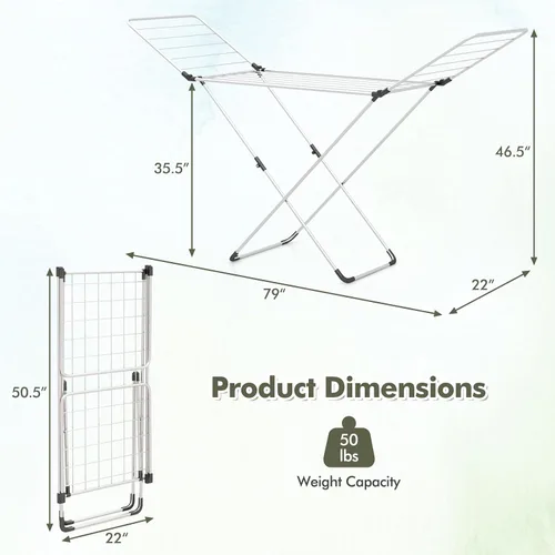 Miniatura 6 de Tangkula Escurridor de ropa plegable, estante de secado de ropa de aluminio ligero con alas ajustables, 20 rieles de secado, colgador de lavandería