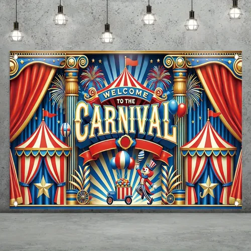 Miniatura 8 de Cartel con temática de carnaval de 71 x 43 pulgadas, tienda de campaña de circo, globos de payaso, decoración de fiesta para niños, feria