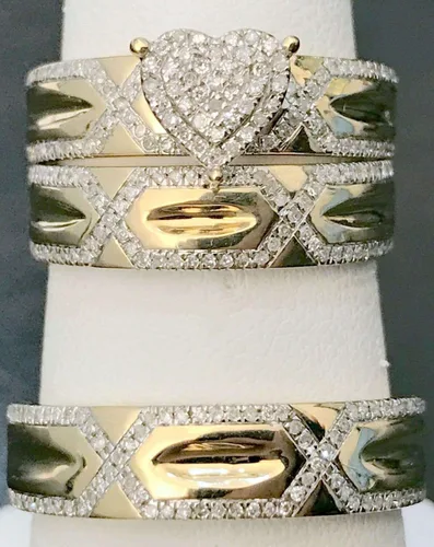 Miniatura 5 de Ssjewel 1.33 Ct Round Cut Diamond Love Shape His Her Trio Wedding Band Bridal Engagement Ring Set 14k Yellow Gold Finish Fine 925 Sterling Silver