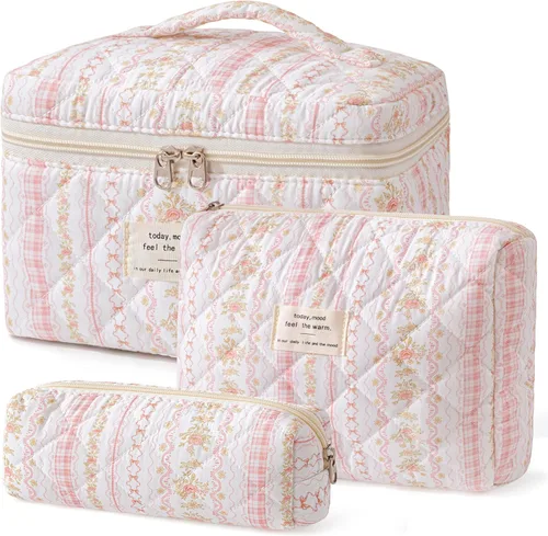 Miniatura 40 de HBselect Bolsa de maquillaje acolchada, 3 piezas de algodón grande, bolsa de maquillaje de viaje, bonita bolsa de maquillaje floral de coqueta