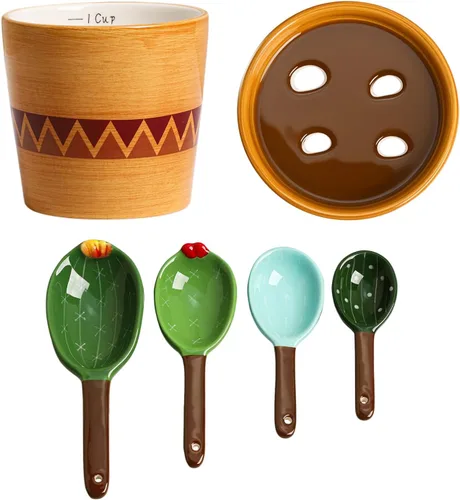 Miniatura 7 de Sizikato 4 cucharas medidoras de porcelana con base, bonita forma de cactus