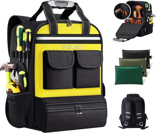 Miniatura 8 de Mochila de herramientas para hombres de 18 pulgadas resistente al agua de servicio pesado con múltiples bolsillos, organizador de bolsa de Negro