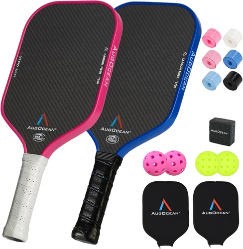 Miniatura 10 de Juego de 2 paletas de pickleball, juego de paletas de pickleball de carbono Pro, superficie de fibra de carbono 3K cruda con grano alto y giro