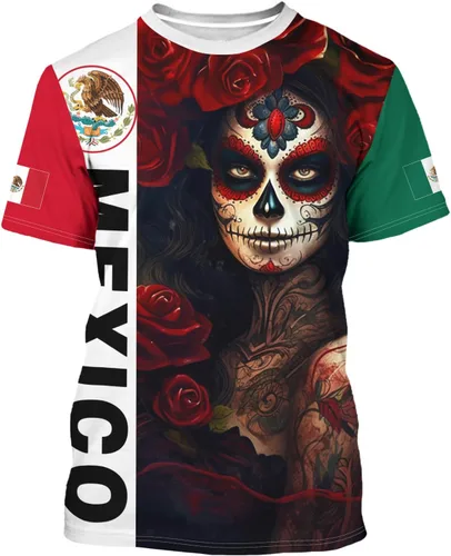 Miniatura 6 de Camiseta de manga corta con cuello redondo y bandera mexicana, camiseta 3D unisex