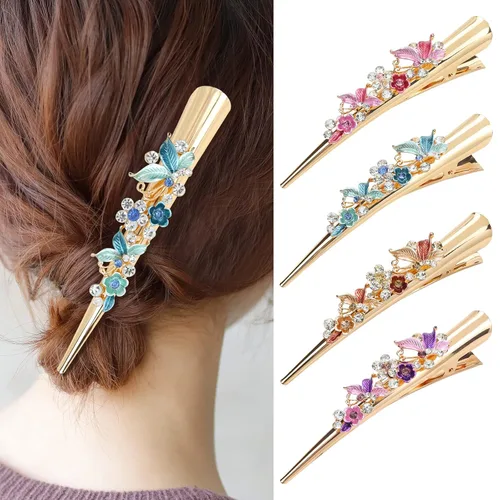 Miniatura 2 de Dizila Paquete de 4 pinzas de metal grandes y largas con diamantes de imitación brillantes, flores, mariposa, pico de pato, pasadores, accesorios