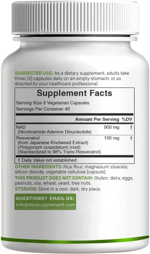 Miniatura 6 de Suplemento de resveratrol NAD+ de 1,000 mg por porción, 120 cápsulas vegetarianas Alternativa de suplemento NMN extra fuerte 2 en 1 Suplementos
