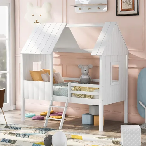 Miniatura 12 de Quarte Fun House - Cama con techo y dos ventanas laterales, cama baja de madera tamaño individual con escaleras pequeñas y barandilla, para niños