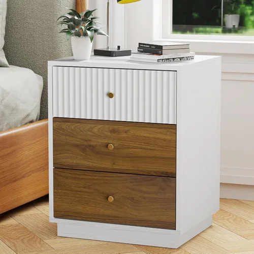 Miniatura 12 de Mesita de noche acanalada, 23.7 pulgadas de ancho con 3 cajones, moderna mesita de noche de mediados de siglo con asas, mesa auxiliar de madera