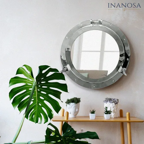 Miniatura 2 de Espejo de ojo de buey – Acabado blanco níquel plateado de 10 pulgadas Decoración náutica de pared para baño y dormitorio Decoración antigua