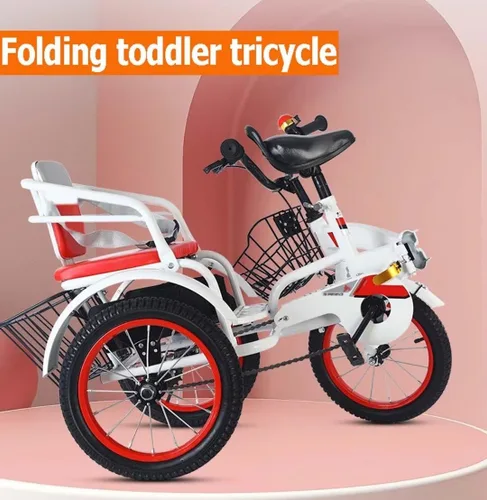 Miniatura 2 de Folding Kids trikes with Parent Handle,3-10 Years Tandem tricycles with Rear Passenger seat,Height Adjustable Saddle with armrest,3 Wheeler Pedal