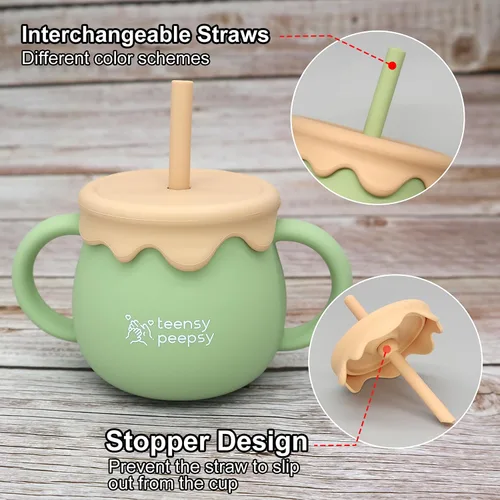 Miniatura 3 de Tarro de Miel Recipiente 3 en 1 Taza de Entrenamiento de Silicona de 8.5 onzas, Vaso Entrenador para Bebé con Popote y Taza de Snacks para 6 meses+