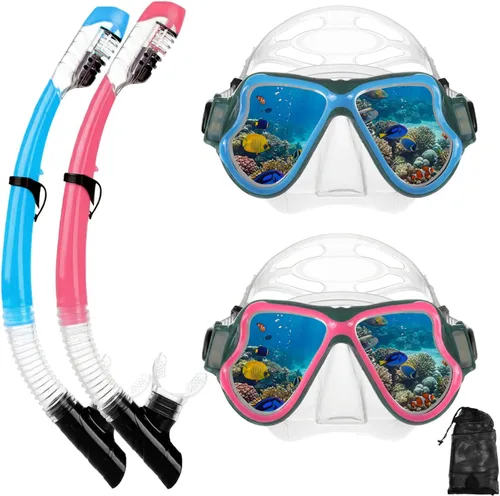 Miniatura 9 de Equipo de esnórquel para adultos, jóvenes y niños, juego de máscara de esnórquel con parte superior seca, juego de máscara de buceo antivaho