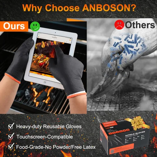 Miniatura 8 de Guantes ANBOSON para Barbacoa Desechables Resistente al Calor para Parrilla - 100 Guantes de Nitrilo + 4 Forros Reutilizables de Algodón