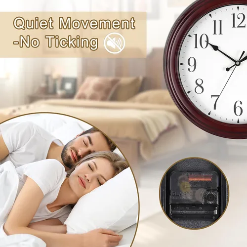 Miniatura 3 de Reloj de pared de madera redondo de 14 pulgadas, funciona con pilas, sin tictac, analógico, rústico, para cocina, sala de estar, dormitorio, día