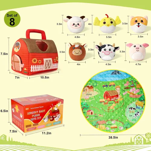 Miniatura 7 de Juguetes de animales de granja para niños pequeños de 1, 2, 3, 4, 5 años, juego de casa de granja de felpa con granero, 6 animales de granja suaves