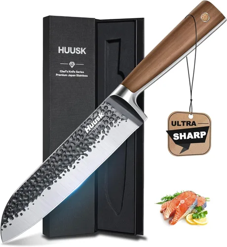Huusk Santoku Cuchillo de cocina japonés de 7 pulgadas, cuchillo de cocina forjado a mano, cuchillo de chef afilado para verduras, carne, cocina