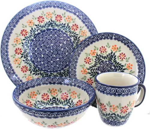 Miniatura 7 de Cerámica polaca Blue Rose - Victoria - Juego de vajilla de 16 piezas color blanco roto - 4 ajustes de lugar - Ideal para cenas diarias, comidas