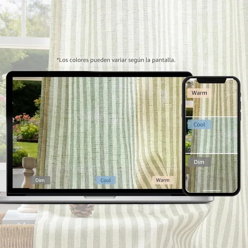 Miniatura 9 de JINCHAN Cortinas de lino para sala de estar o dormitorio, con estampado a rayas verde salvia sobre beige, rayas delgadas que filtran la luz