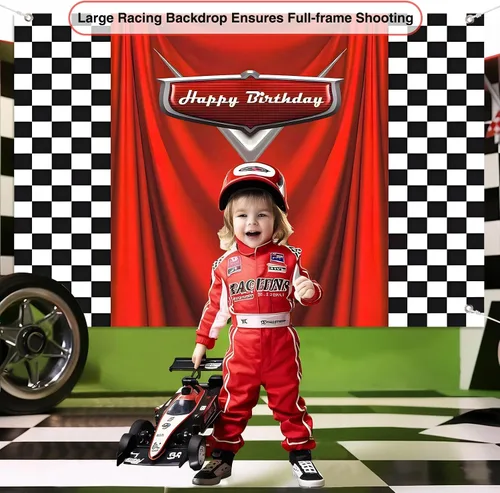 Miniatura 5 de Fondo de cumpleaños de coche con bandera de carreras, 5 x 3 pies, fondo de fotos de carreras a cuadros duradero para decoraciones de cumpleaños