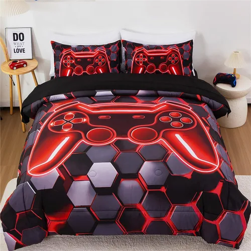 Miniatura 11 de NTBED Juego de edredón de consola de videojuegos de 5 piezas para niños y niñas, ropa de cama geométrica en una bolsa, de microfibra ligera