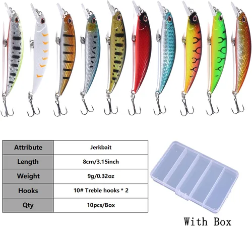 Miniatura 2 de Jerkbait - Señuelos de pesca Jerk Baits para pesca de lubina, señuelos con caja de aparejos para agua dulce y salada, 10