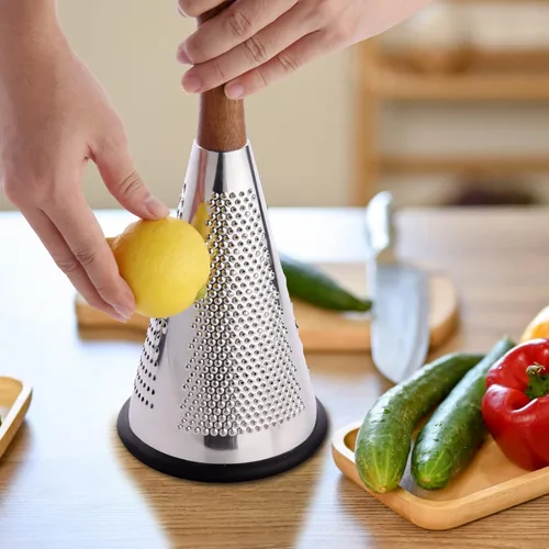 Miniatura 3 de Rallador de queso cono con mango – Acero inoxidable triple función mango de madera parmesano afeitadora de goma antideslizante de mano multifunción
