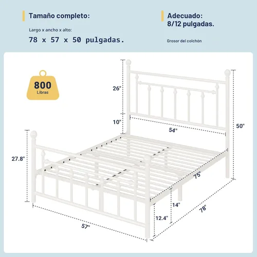 Miniatura 2 de Allewie Base de cama de plataforma de metal de tamaño completo de 14 pulgadas con cabecero y pie de cama vintage victoriano/base de Blanco