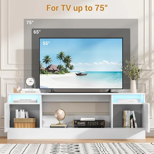 Miniatura 2 de Soporte de TV moderno para TV de hasta 75 pulgadas, armarios de mesa de consola de televisión blancos de 70 pulgadas con almacenamiento y luces LED