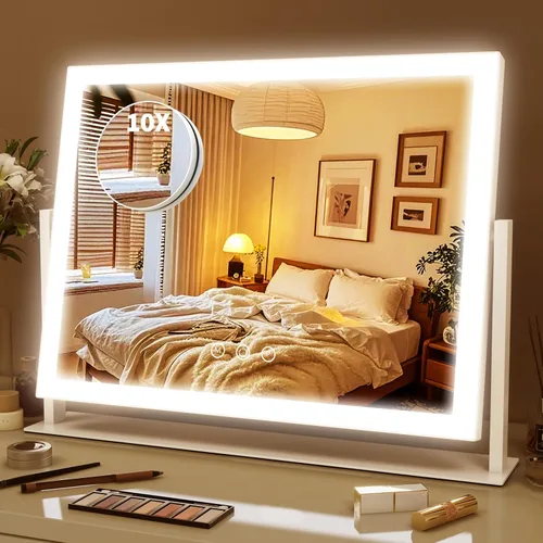 Miniatura 9 de ROLOVE Espejo de tocador con luces de 15 x 12 pulgadas, espejo de maquillaje iluminado con aumento de 10X, iluminación de 3 colores y brillo