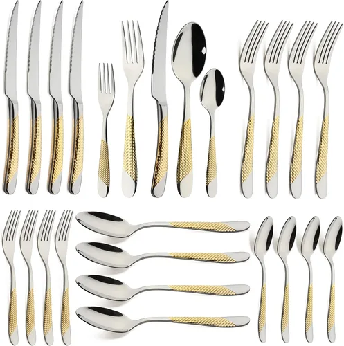 Juego de cubiertos dorados de 20 piezas de acero inoxidable para 4 utensilios de cocina, incluye cuchillos, cucharas, tenedores para el hogar,