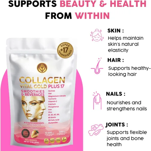 Miniatura 6 de Vital Life - Polvo de péptidos de colágeno + 17 súper ingredientes, 1 libra (paquete de 12), sabor a bayas rojas, apoya el cabello, la piel