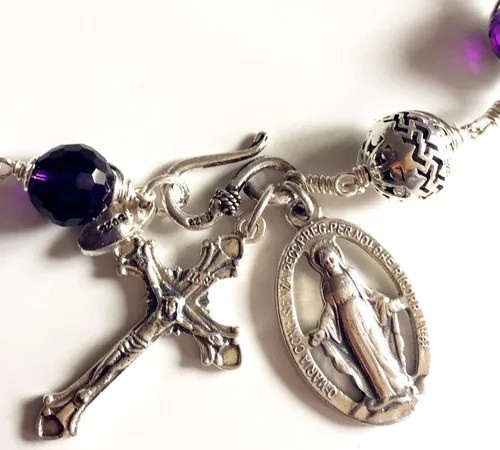 Miniatura 5 de Eleganantmedical Hecho a mano natural 10MM amatista cristal Bali cuentas de plata de ley Cruz rosario católico pulsera regalo caja