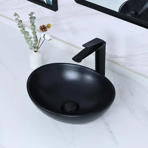 Miniatura 2 de Davivy Fregadero ovalado negro mate de 15.7 x 13 pulgadas con drenaje desplegable, fregaderos de baño sobre encimera, fregaderos de baño, fregaderos