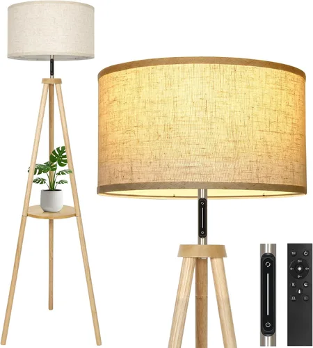 Miniatura 9 de OUTON - Lámpara de pie de trípode de madera con estantes, lámpara de pie de mediados de siglo con control remoto, 4 temperaturas de color, lámpara