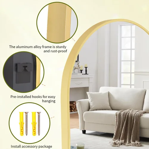 Miniatura 5 de BEAUTYPEAK Espejo de Pared Montado, Espejo de Baño Arqueado de 26 pulgadas x 38 pulgadas, Espejo de Tocador de Pared Dorado con Marco de Metal