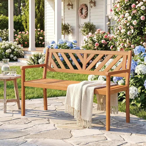 Miniatura 2 de Tangkula Banco de dos plazas de madera de acacia para exteriores, banco de jardín para 2 personas con reposabrazos y respaldo, muebles de madera