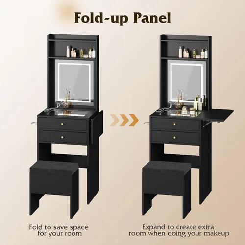 Miniatura 2 de WLIVE Pequeño escritorio negro con espejo y luces, juego de tocador de maquillaje compacto con panel plegable y silla, tocador con estación de carga